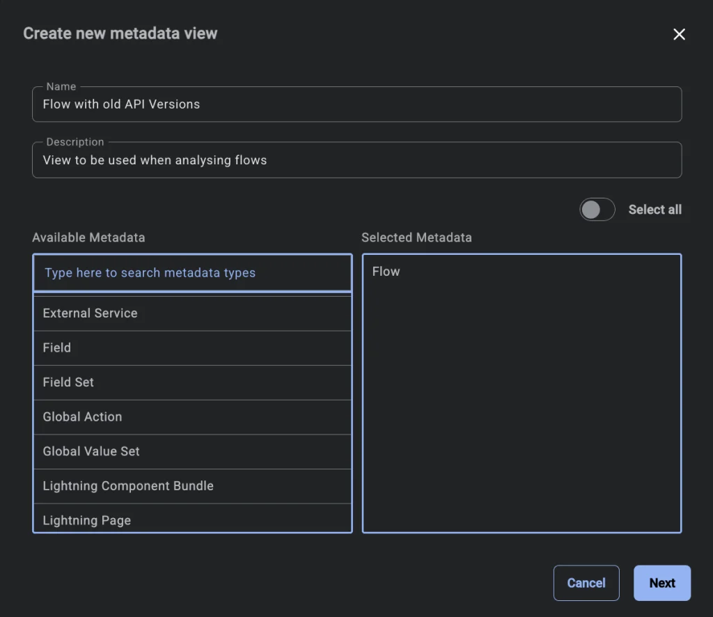 How Salesforce Org Analysis Improves Performance 3 create a new metadata screen vindow