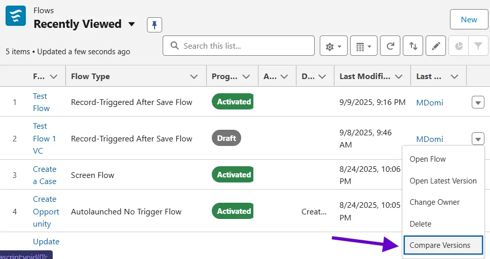 Flow Version Comparison Tool for Salesforce Admins 2 flow-recently-view-screen-window