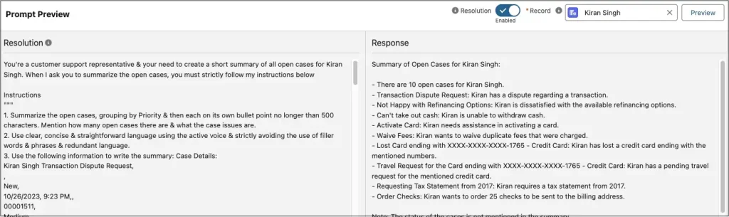 ServiceNow vs Salesforce Service Cloud: ITSM Platform Comparison 13 Salesforce Prompt Builder “Prompt Preview” Screen