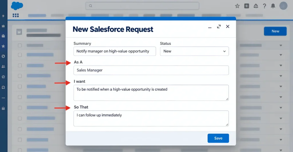 Salesforce AI for Admins: 10 Practical Ways to Save Time 1 Example Salesforce request form with As A, I want and So That fields for a high-value opportunity notification