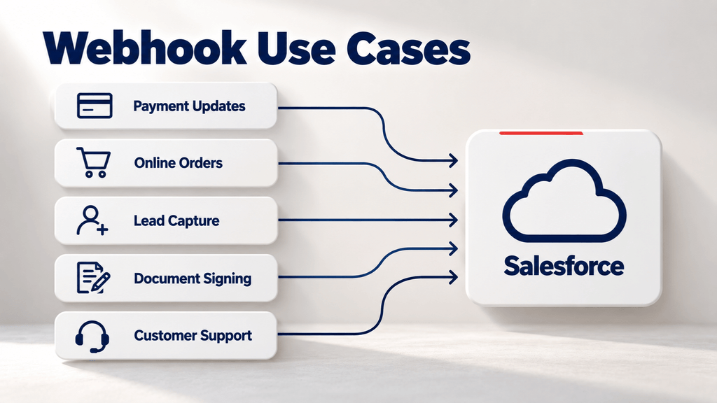 Salesforce Webhooks: What They Are and How They Work 3 Salesforce webhook use cases including payments, orders, leads, documents and support